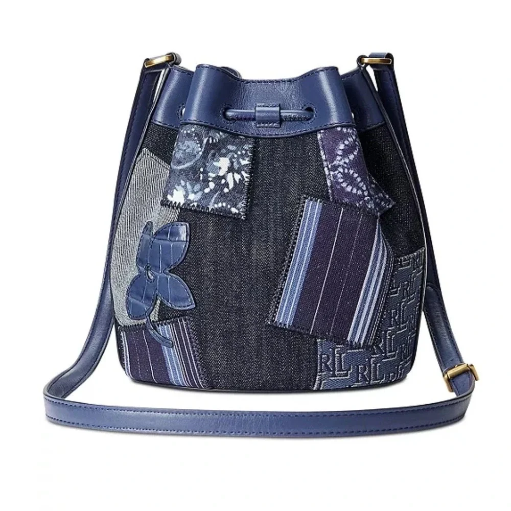 Lauren Ralph Lauren Denim Patchwork Andie Butterfly Bucket Bag Blue Gold NW $295